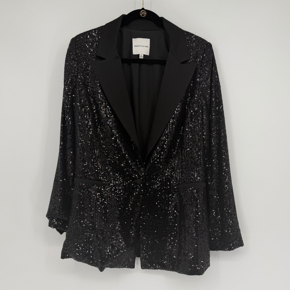 Gibson Latimer Womens Sequin Blazer Black Single Button Evening Jacket XL